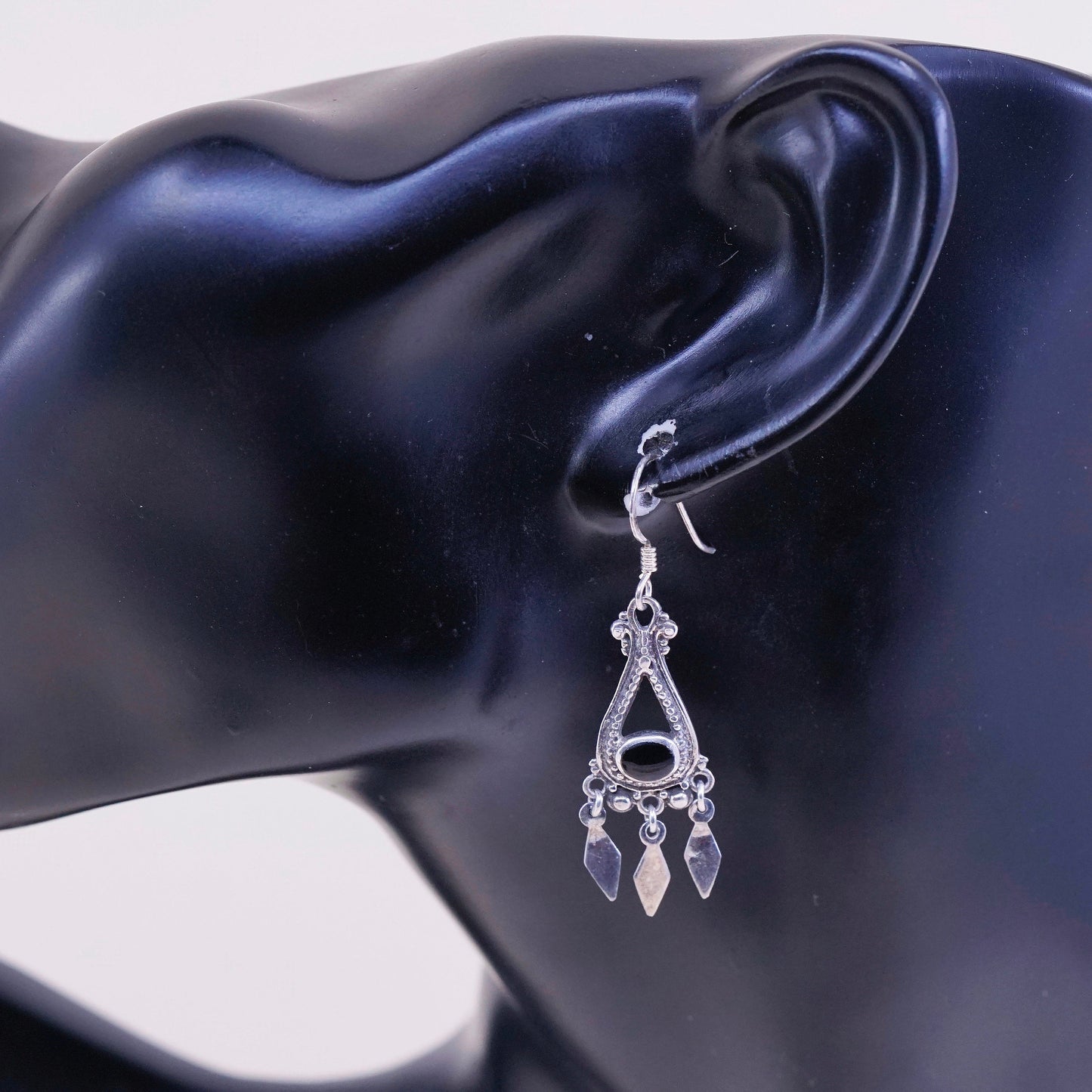 Vintage Sterling silver handmade earrings, 925 drops with obsidian and fringe