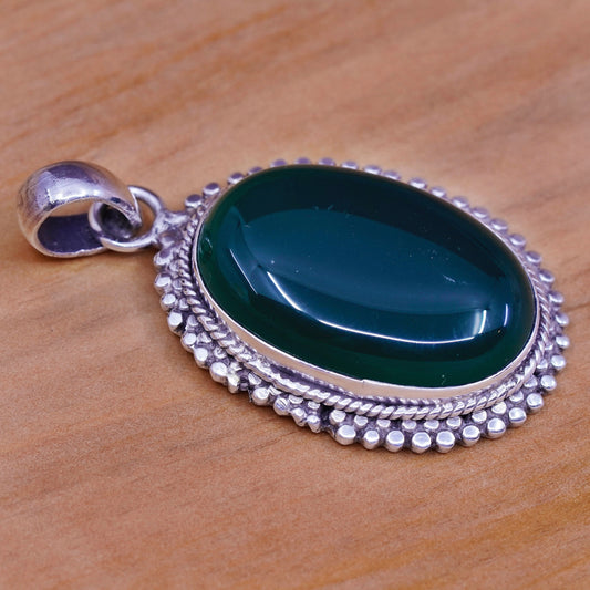 Vintage Sterling 925 silver handmade pendant with oval emerald and bead