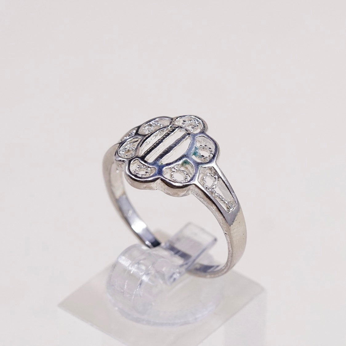 sz 9.25, vtg sterling silver handmade ring, 925 flower band w/ filigree