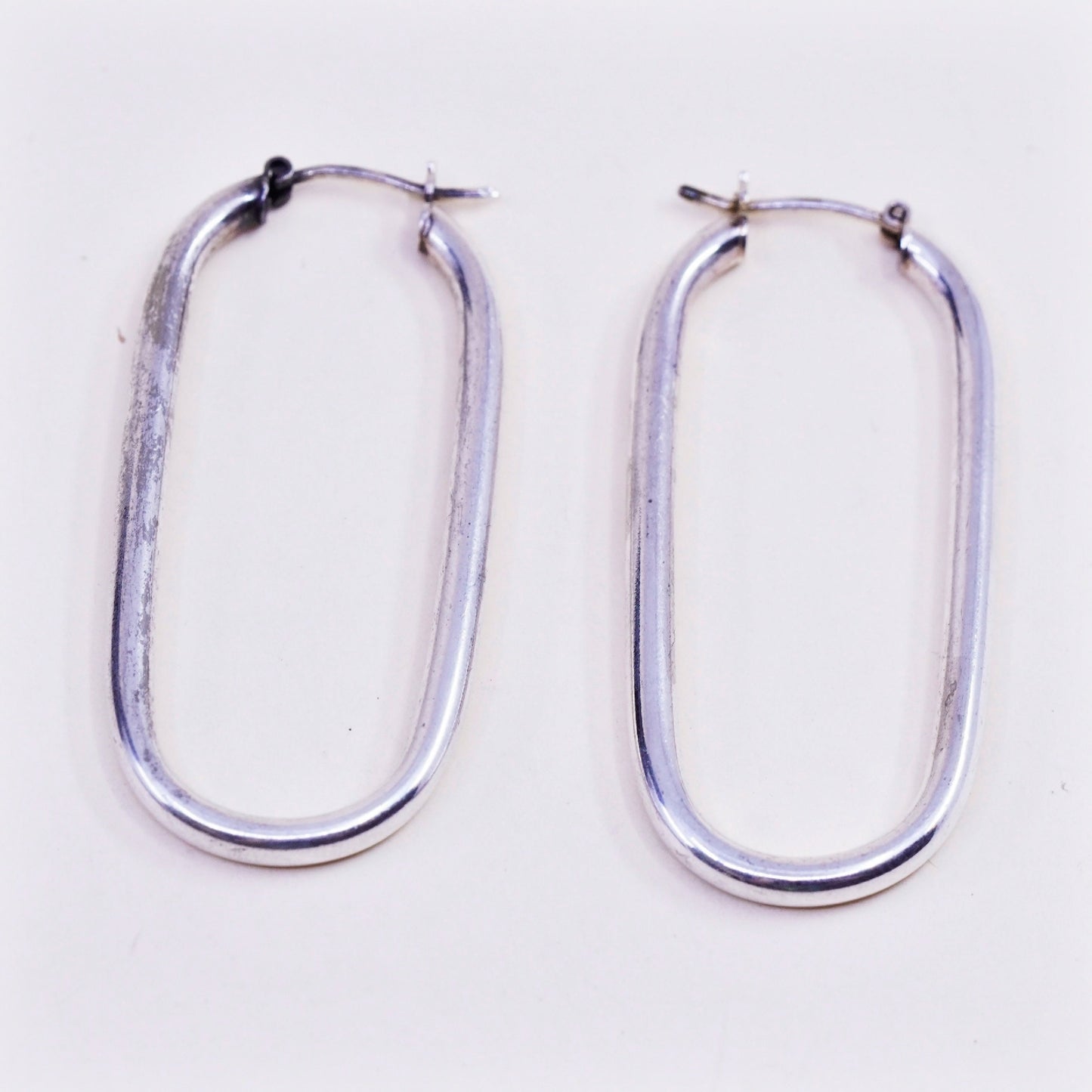2” Vintage sterling silver loop earrings rectangular minimalist primitive hoops