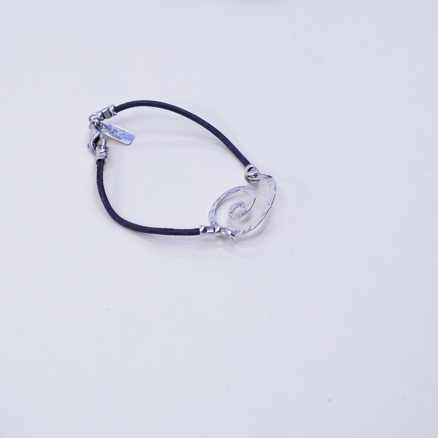 6”, Vintage Dana Sterling silver handmade bracelet, 925 hammered swirl leather