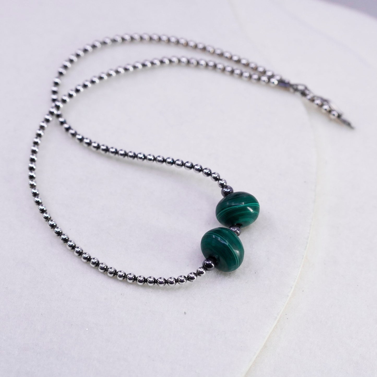 18”, vintage Sterling 925 silver handmade beaded necklace malachite pendant