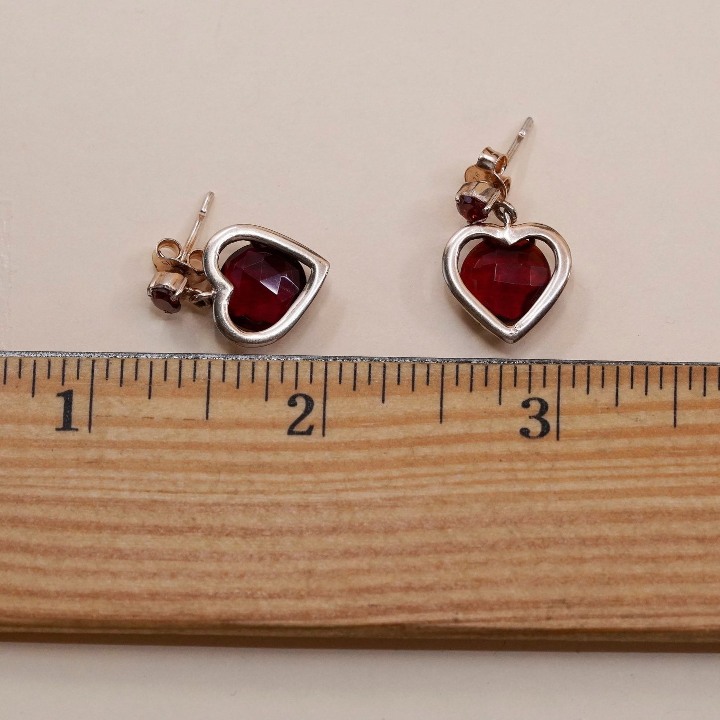 Vintage vermeil rose gold over sterling 925 silver handmade earrings heart ruby