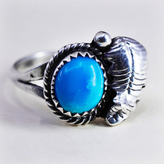 Size 6.5, sterling silver ring, Native American 925 ring oval turquoise feather