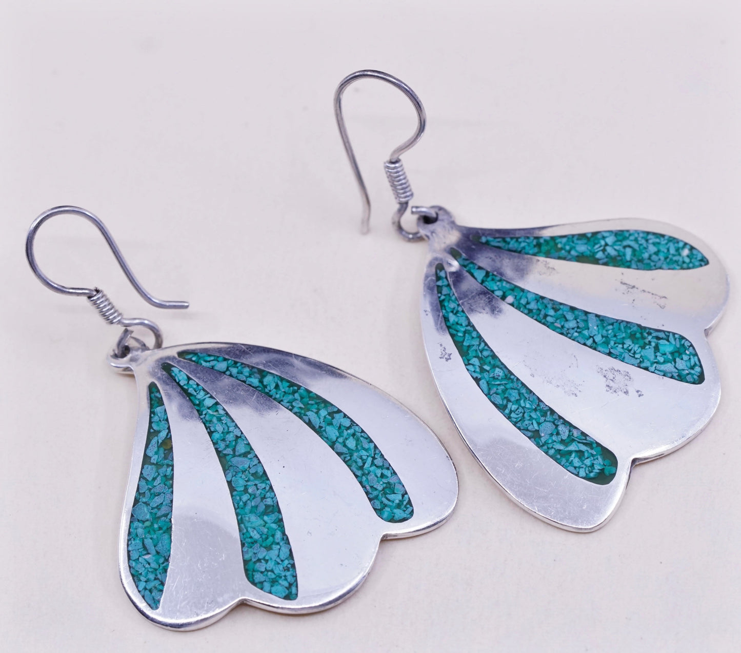 Vintage sterling 925 silver handmade earrings, mexico wings with turquoise