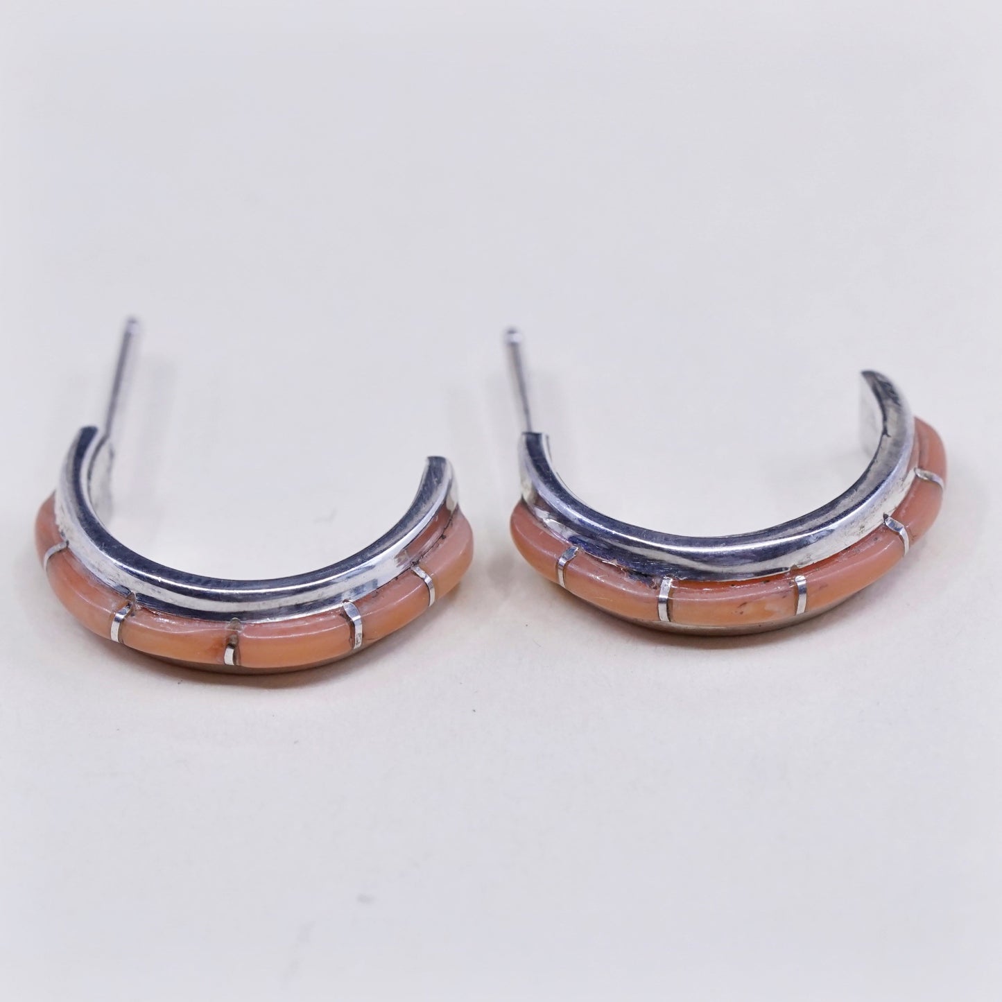 0.75”, Native American Navajo Nabiho sterling 925 silver huggie coral earrings