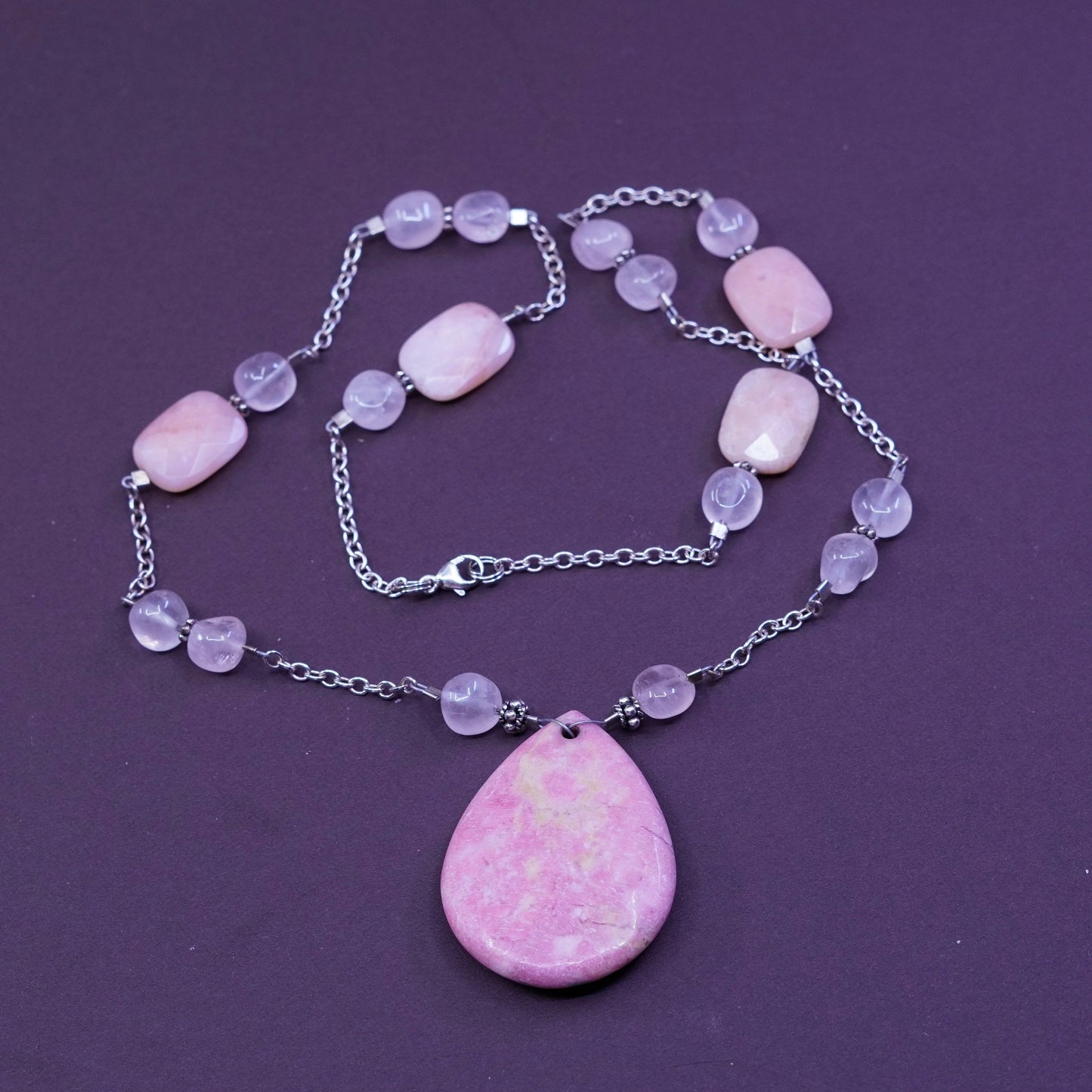 20”, sterling silver necklace, 925 circle chain teardrop rose quartz pendant