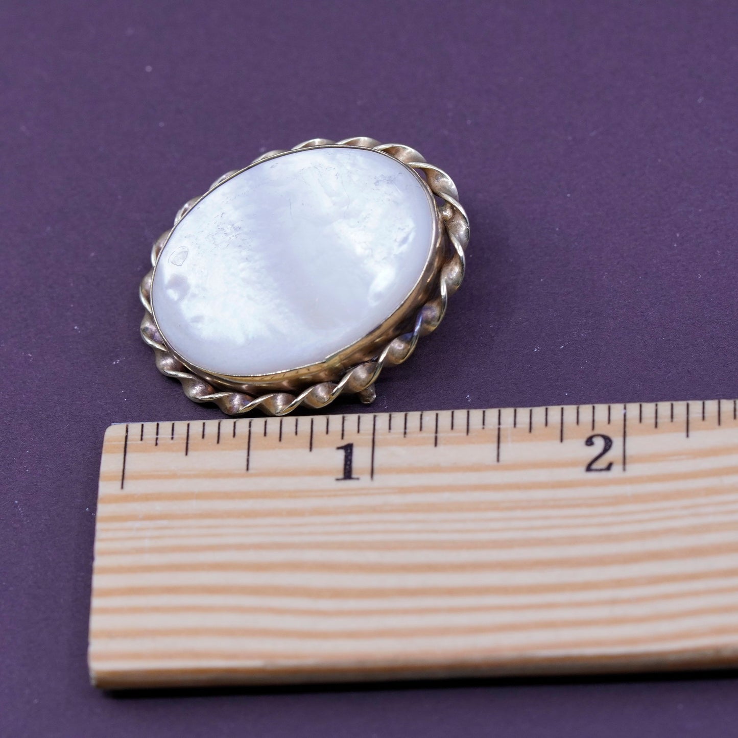 Vintage handmade brass gold tone brooch pin with mother of pearl inlay