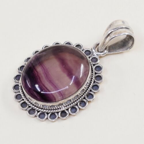 Vtg Sterling silver handmade pendant, solid 925 silver w/ fluorite, stamped 925