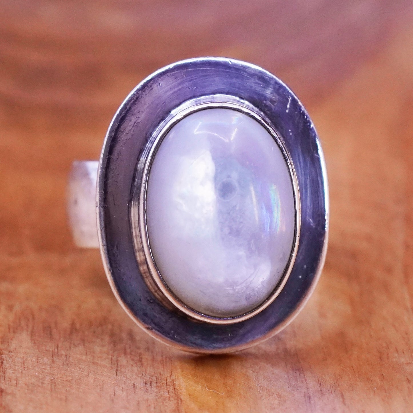 Size 9.25, vintage sterling 925 silver handmade ring with oval moonstone