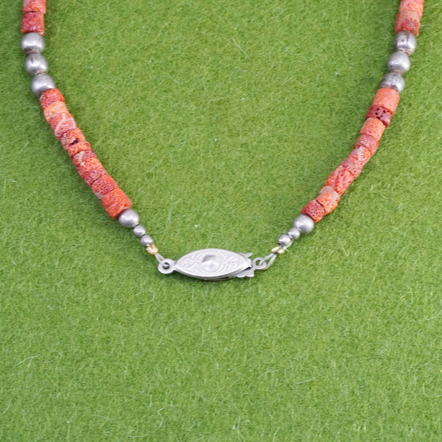 18”, native American Sterling 925 silver necklace, Red Coral heishi turquoise