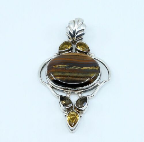 Vtg Sterling 925 Silver Handmade Pendant W/ Tiger Iron N Citrine