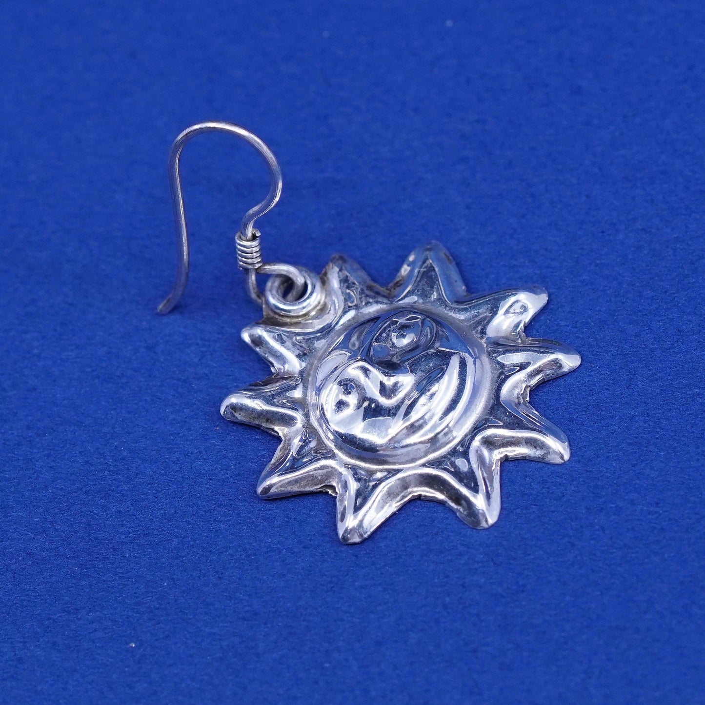 vtg Sterling silver handmade earrings, mexico 925 tag dangles with sun face