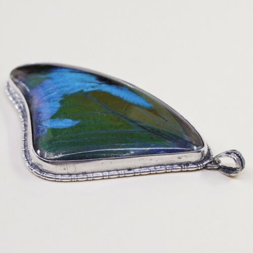 Vintage Sterling Silver Handmade Pendant, 925 With Resin Blue Butterfly Wing