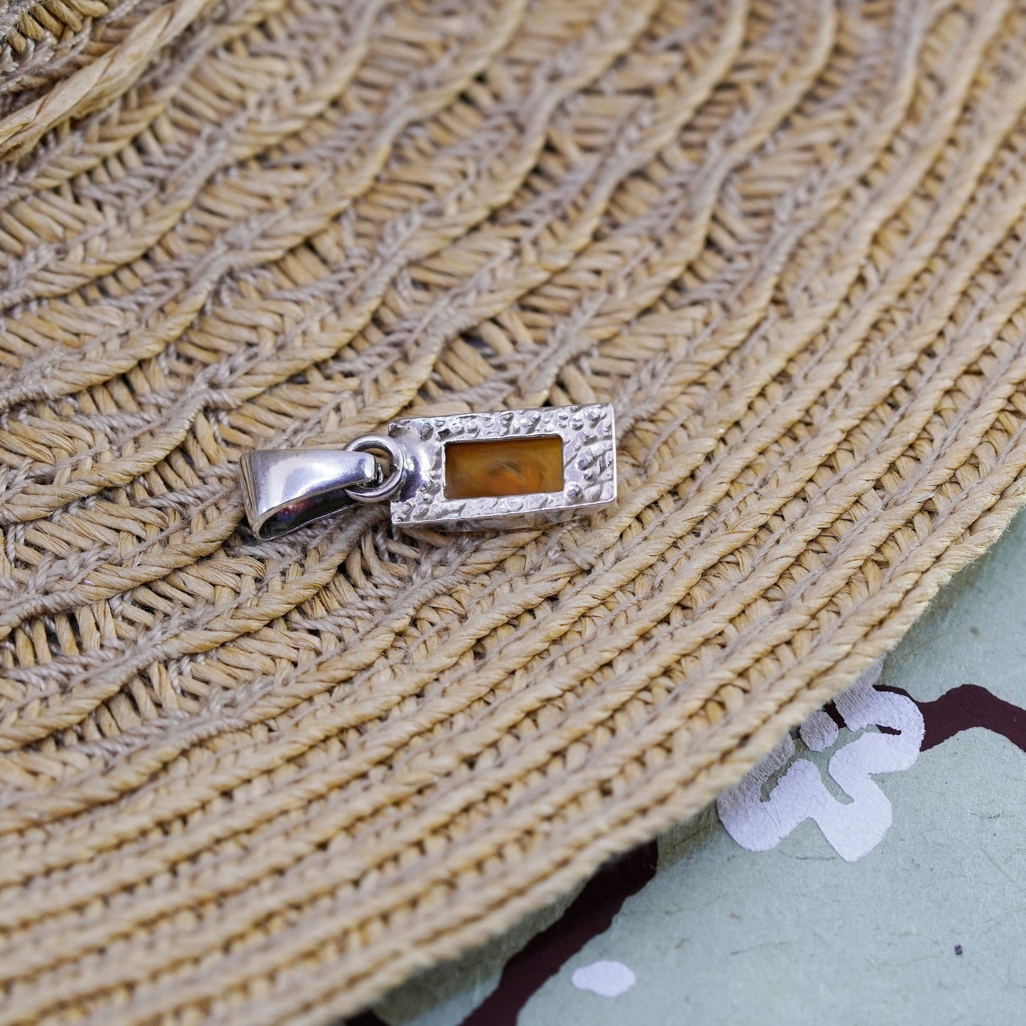 Vintage Sterling 925 silver handmade pendant with rectangular Amber