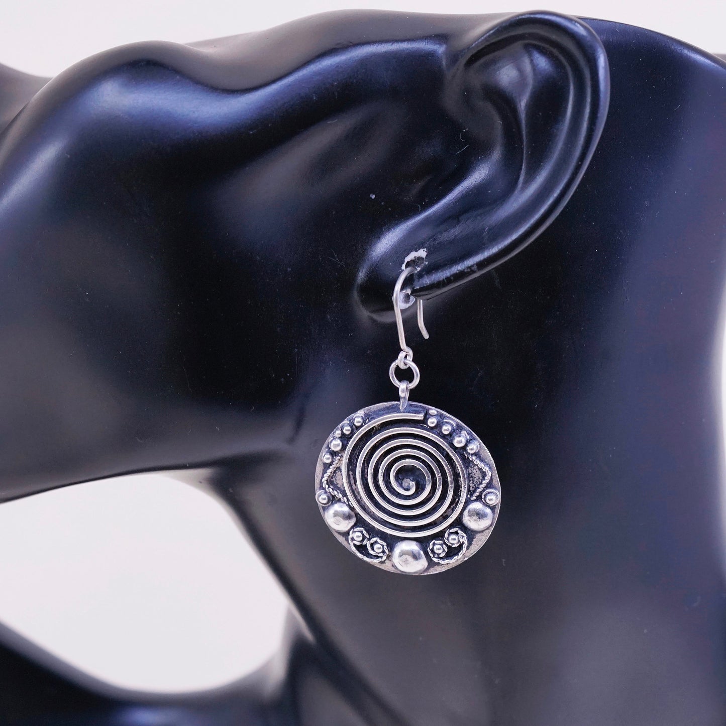 Vintage sterling silver handmade earrings, 900 swirl disc w/ beads