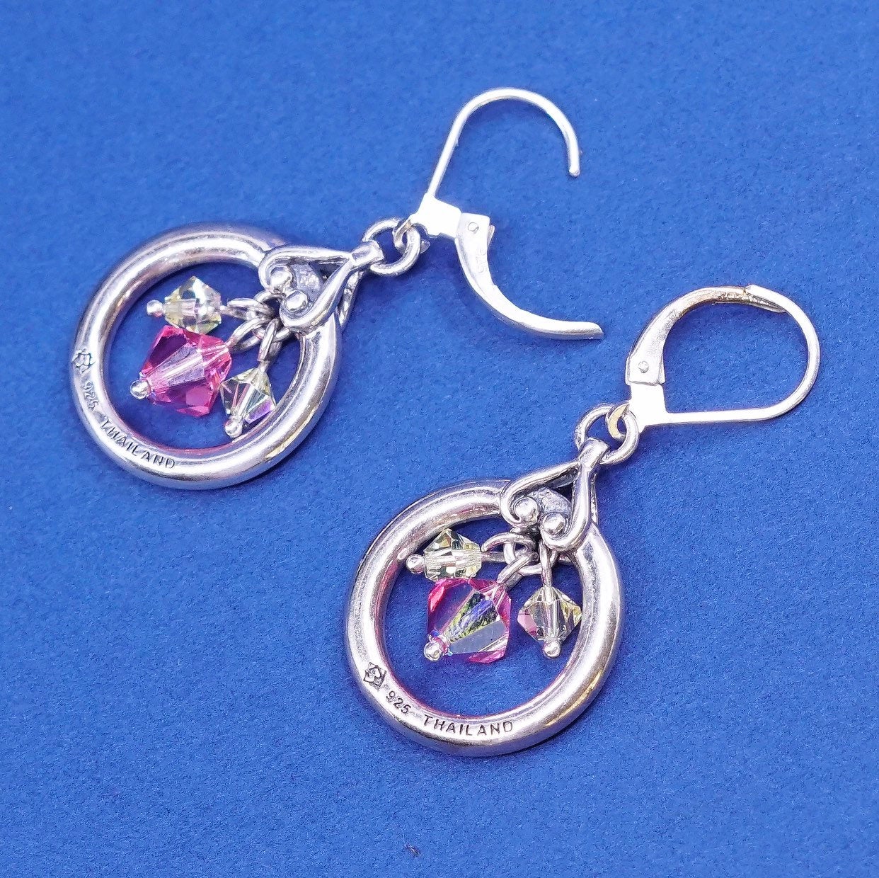 vtg Sterling silver handmade earrings, 925 circle drops w/ pink crystal beads