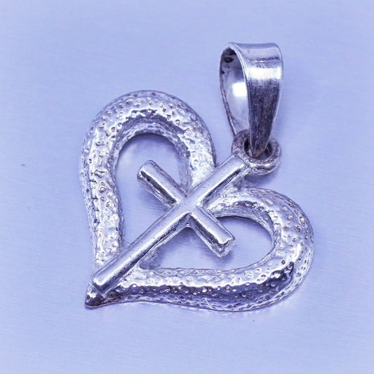 antique sterling 925 silver heart pendant with cross