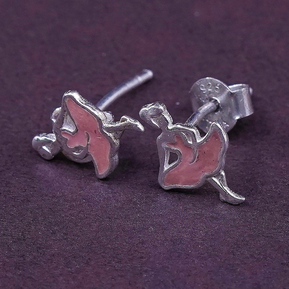 vtg Sterling silver handmade earrings, 925 lady girl studs w/ pink enamel dress