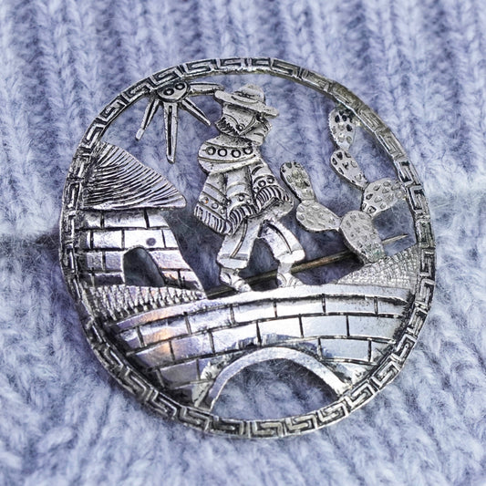 sterling silver handmade brooch, 925 traditional Mexican costume man cactus