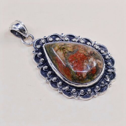 Vtg Sterling Silver Handmade Teardrop Jasper Pendant, 925 Pendant W/ Beads Bali