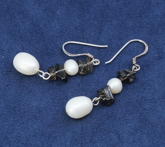 vtg Sterling silver handmade earrings, 925 w/ pearl and crystal drops