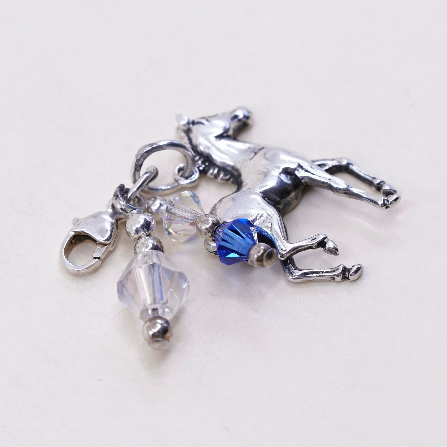 Handmade vintage Sterling silver pendant, 925 horse charm with crystal dangles