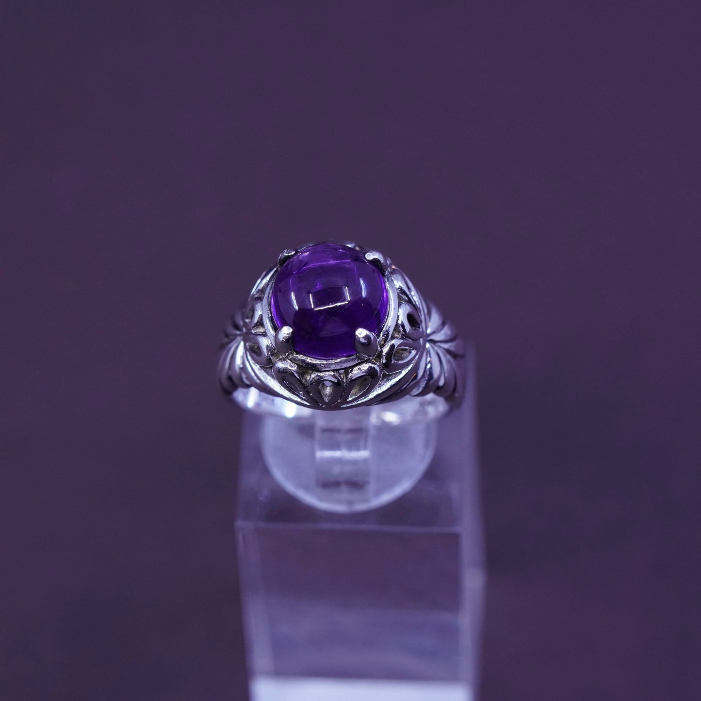 Size 8.25, vintage SLC filigree Sterling 925 silver handmade ring with amethyst