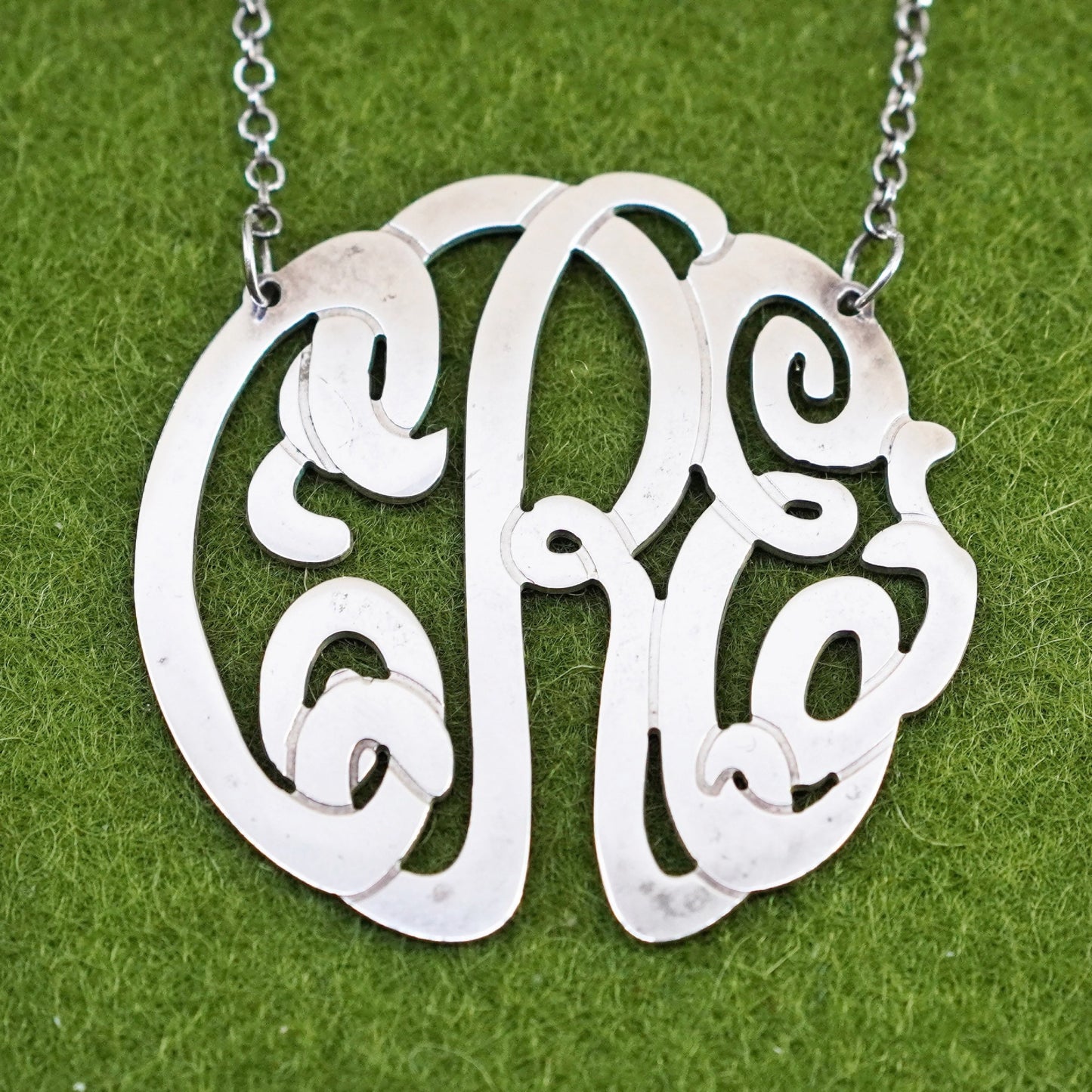 18”, sterling silver necklace, circle chain monogram initial “CRE” pendant name