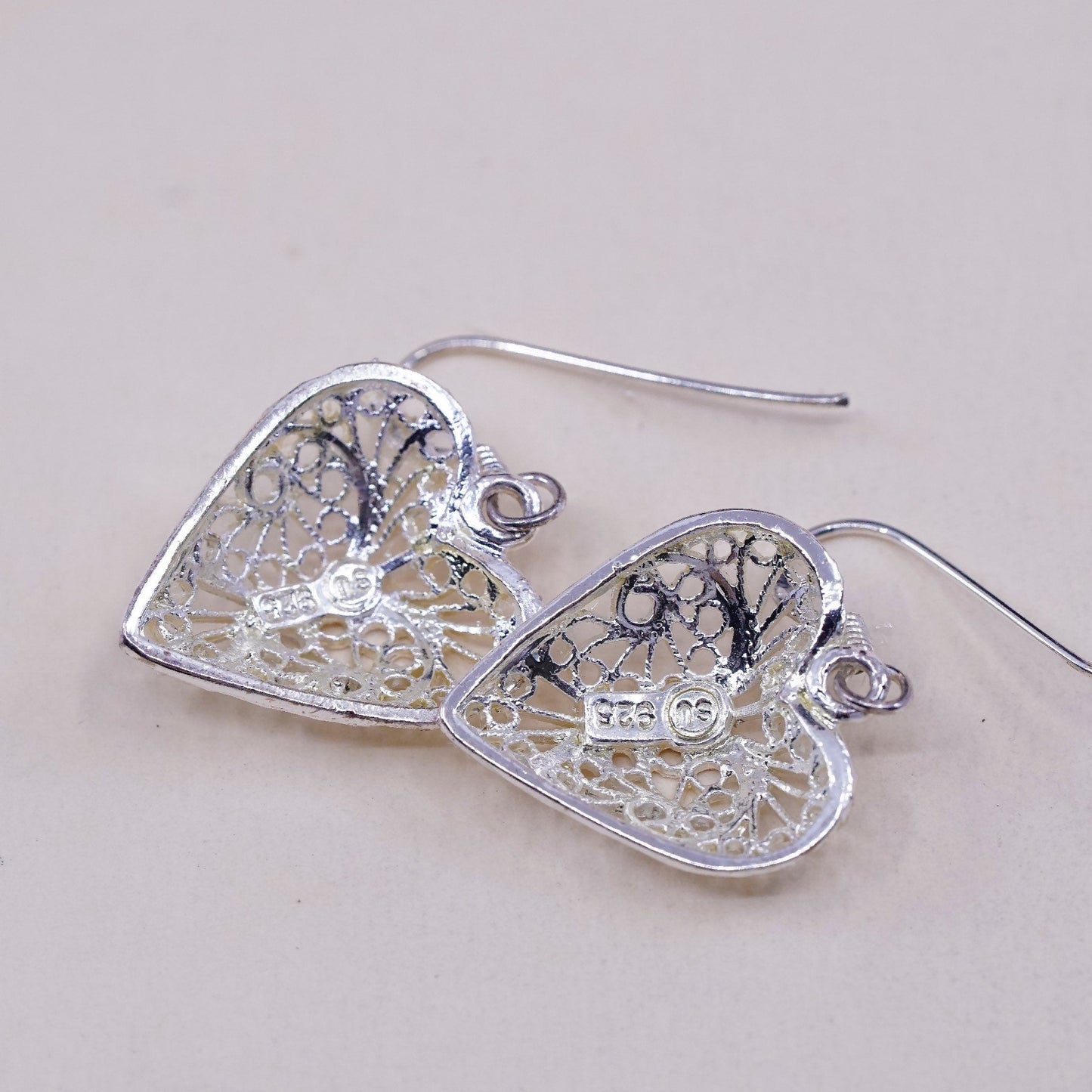 Vintage sterling silver handmade earrings, 925 filigree heart