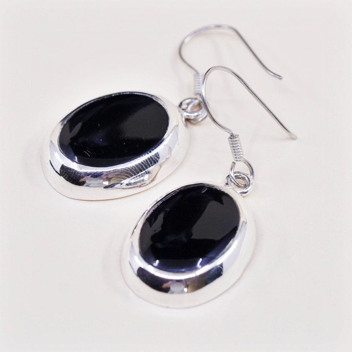 vtg Sterling silver handmade earrings, 925 w/ oval obsidian drops