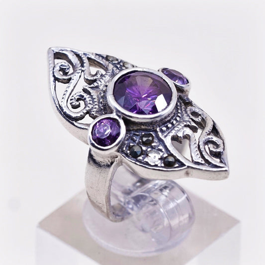 Size 5.5, vtg sterling silver handmade ring, 925 with amethyst and marcasite