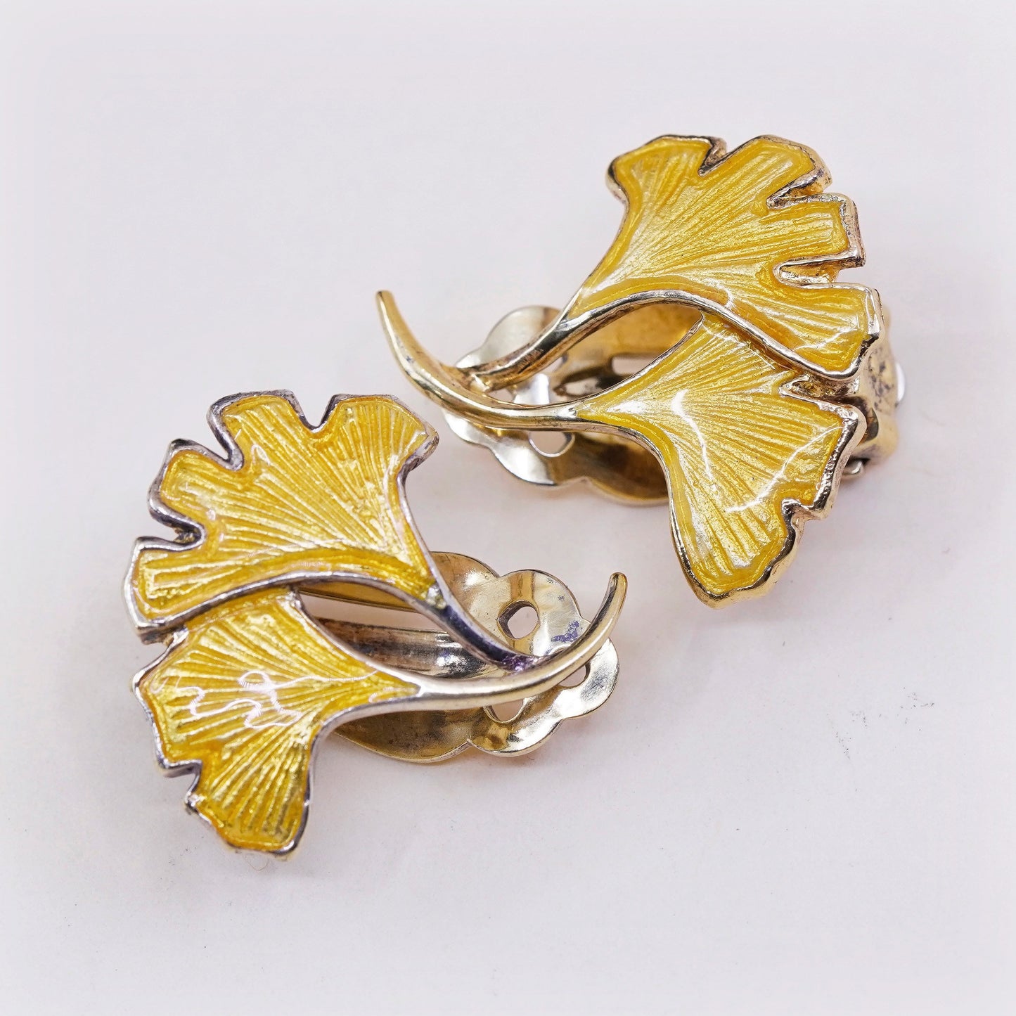 MMA Cleo Museum sterling silver earrings, 925 clip on enamel ginkgo leaves
