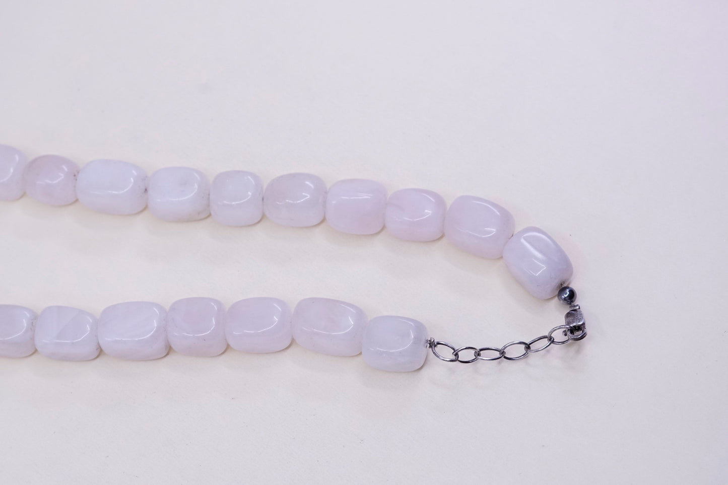 18+2”Vintage handmade white agate beads necklace with sterling 925 silver clasp