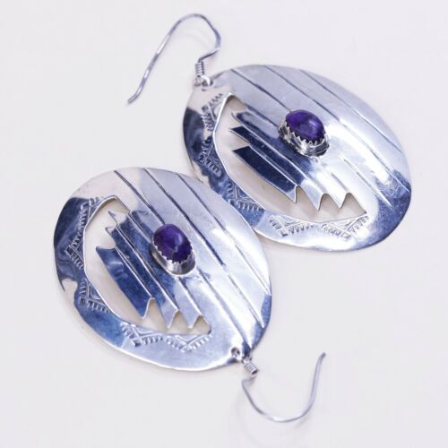 NAVAJO Native American handmade Sterling 925 Silver Huge Disc earrings W/ Purple