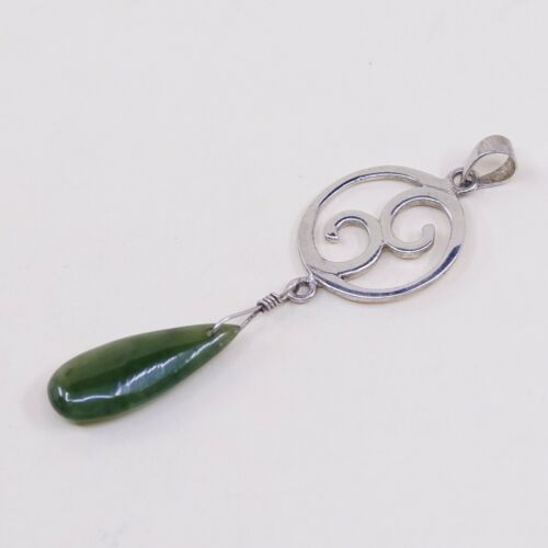 Vtg Sterling Silver Handmade Swirl Pendant w/ Teardrop jade, Stamped 925