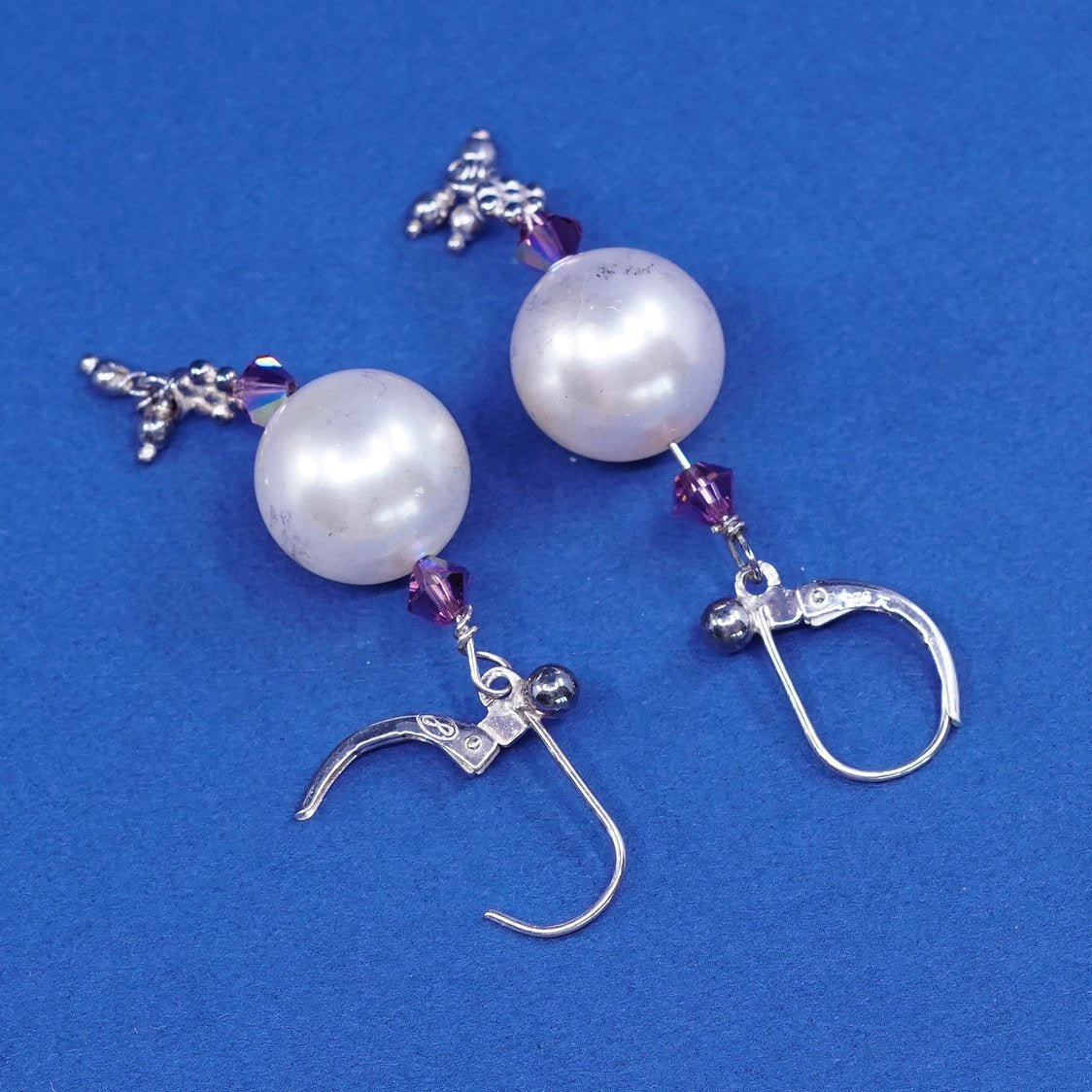 vtg Sterling silver handmade earrings, 925 w/ faux pearl N crystal drops