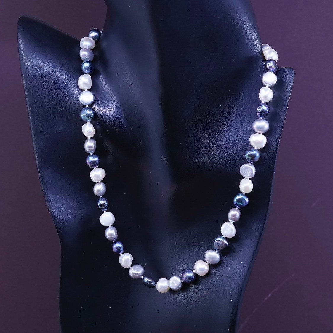 18", Sterling silver handmade necklace, 925 clasp w/ black white N gray pearl
