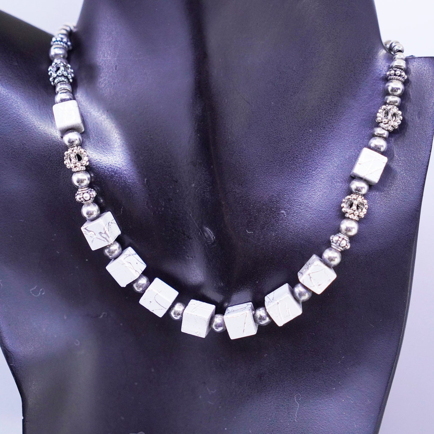 15”, vintage Sterling 925 silver handmade beaded necklace with cubes