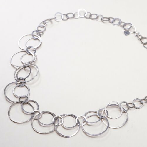 24”, Vtg Sterling Silver Necklace, Hammered 925 Circle Chain W/ Circle Pendant