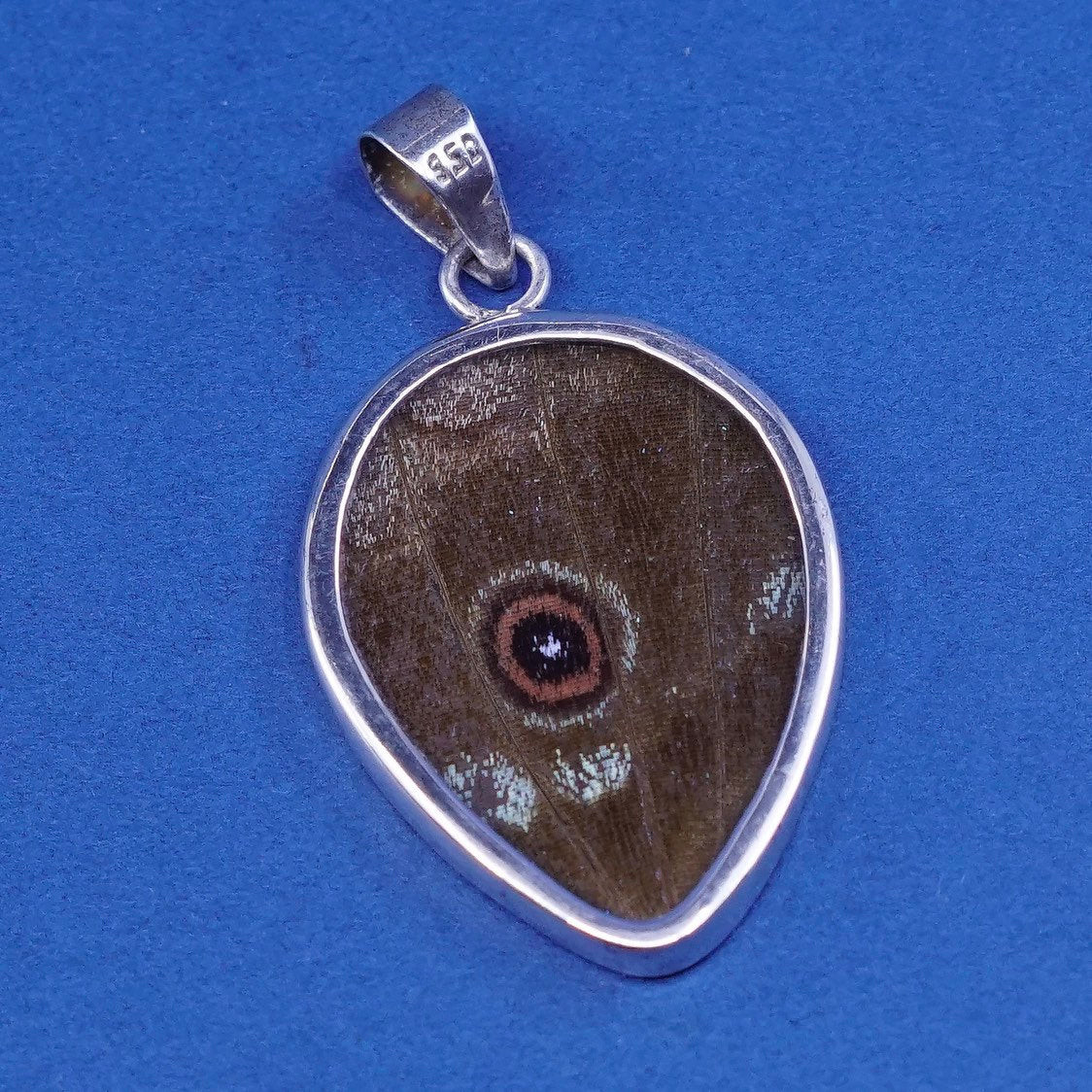 vtg Sterling silver handmade pendant, 925 w/ resin blue butterfly wing