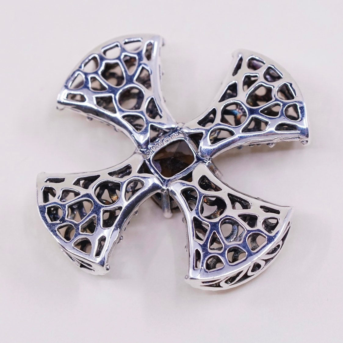 VTG Sterling silver handmade pendant, 925 Jerusalem swirl cross N smoky topaz