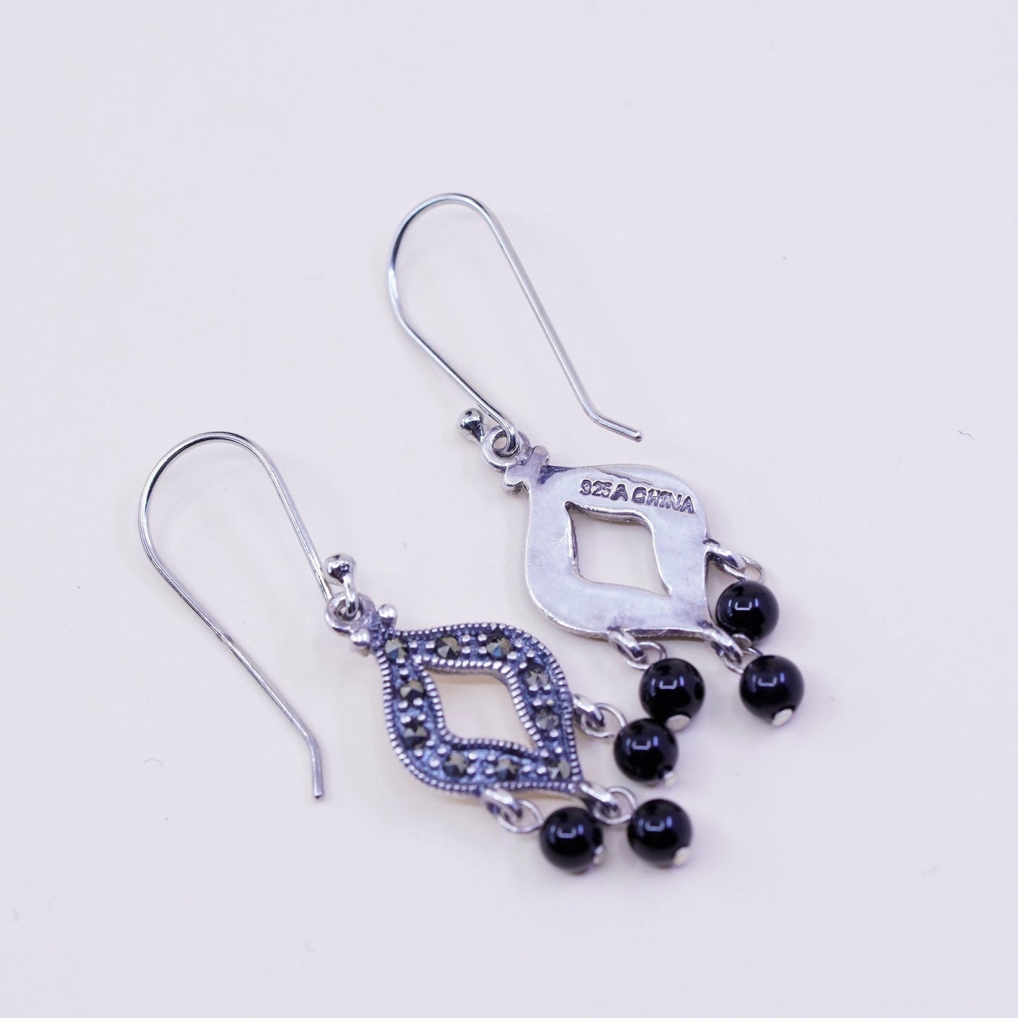 Vintage Sterling silver handmade earrings, 925 drops with obsidian and marcasite, stamped 925 China