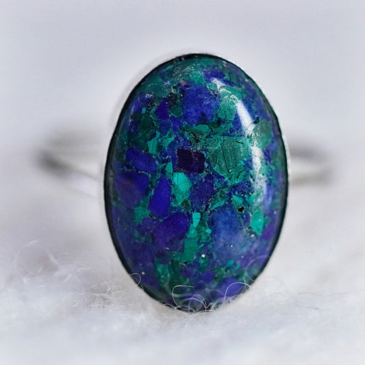 Size 5, Vintage sterling 925 silver handmade ring with azurite inlay