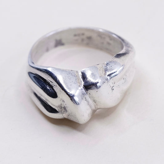 sz 9.5, vtg sterling silver handmade ribbed ring, 925 statement band, modernist