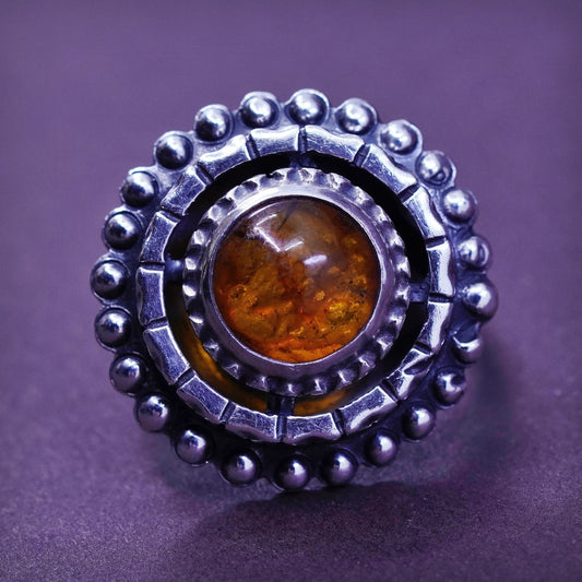 Size 7.5, vtg KALUPE Sterling 925 silver handmade sun ring with Amber and beads