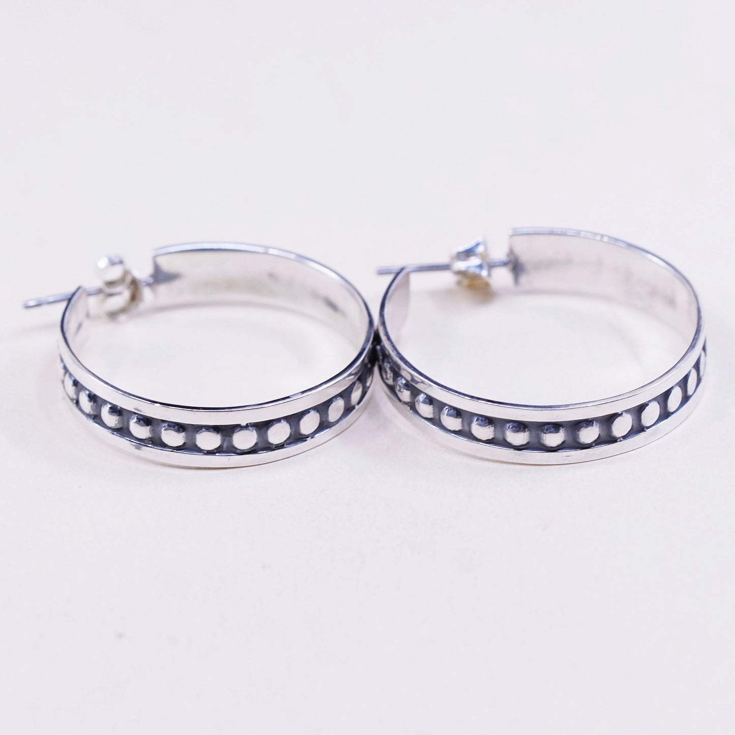 1”, Vintage mexico sterling silver wide hoops, 925 huggie earrings with beads
