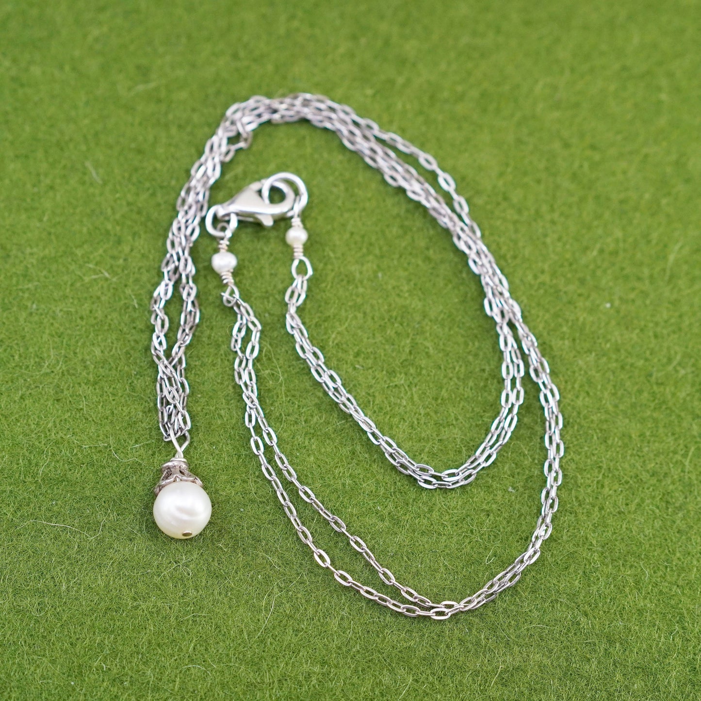 16”, sterling 925 silver handmade necklace, double flatten circle chain pearl