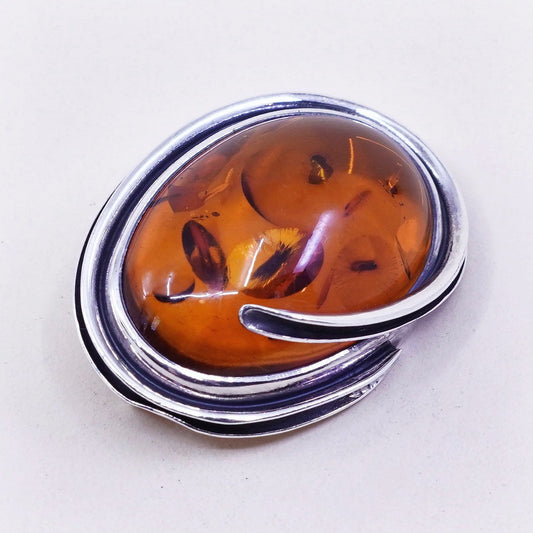 Vintage sterling silver handmade brooch, 925 oval amber pin pendant