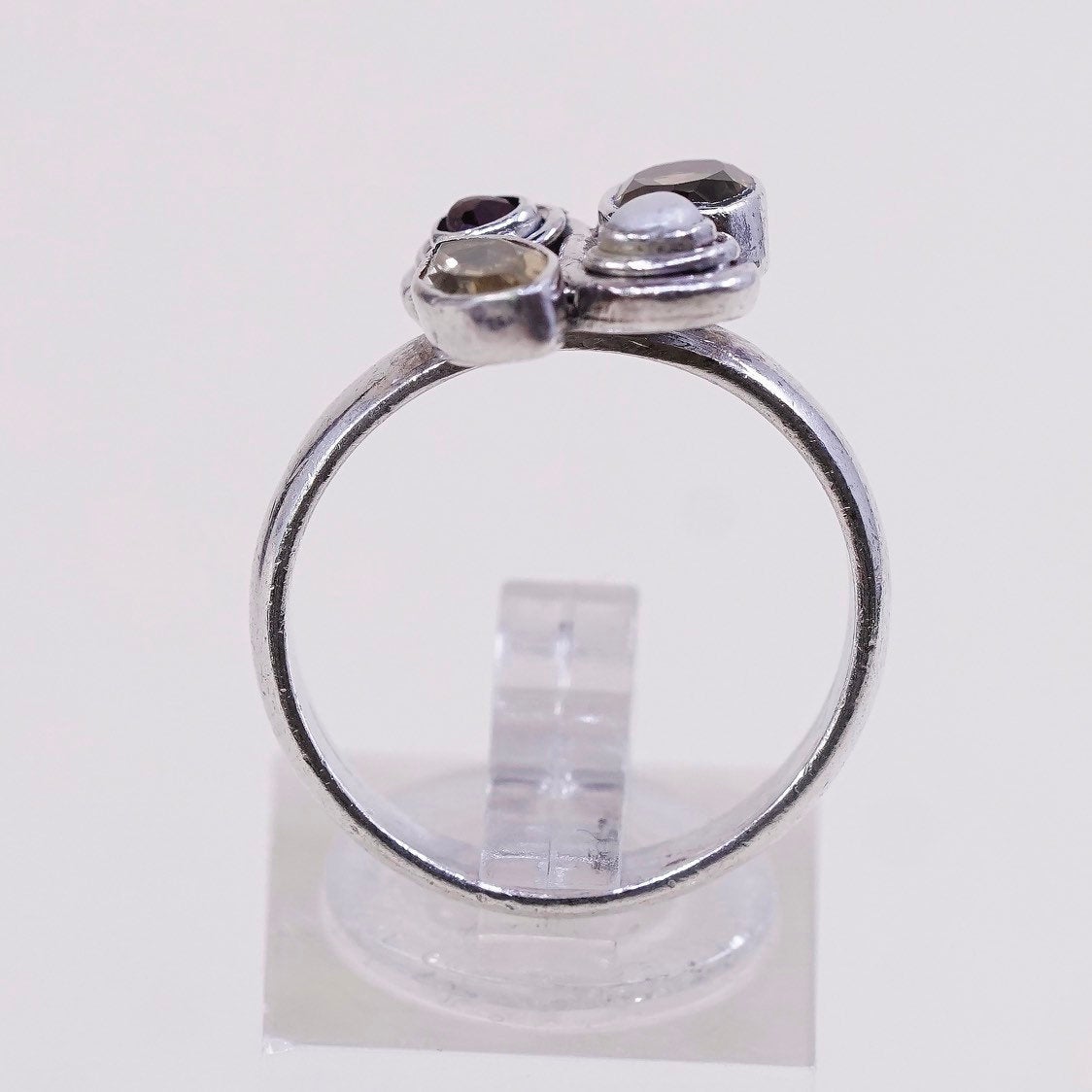sz 8.5, vtg sterling silver handmade ring, 925 ring w/ topaz, citrine, pearl